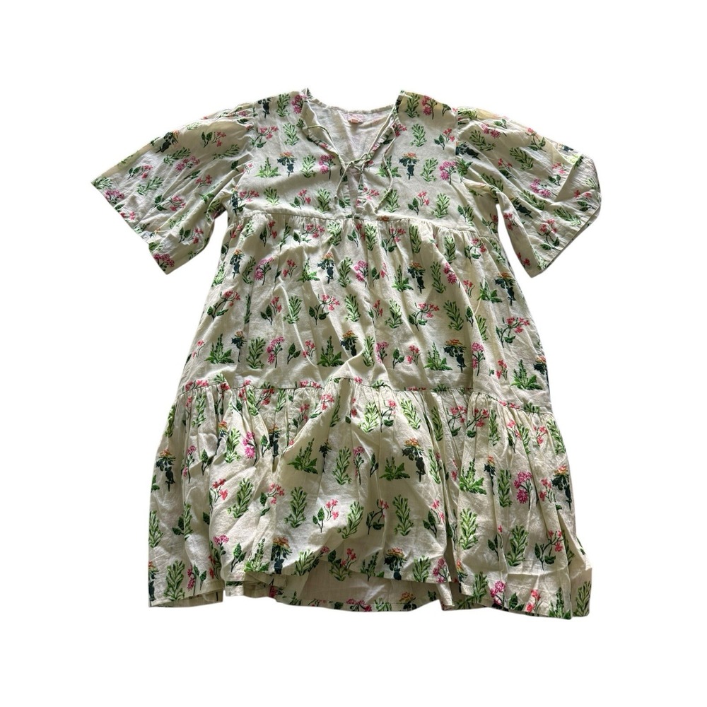 Sunshine Tienda Shift Dress Medium/Large Yellow Floral Block Print Tie Front S/S